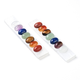 Chakra Natural Selenite Display Decorations, with Natural Gemstone Oval Cabochons, Rectangle