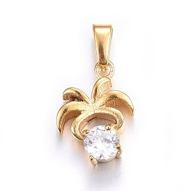 304 Stainless Steel Pendants, with Cubic Zirconia, Flower, Clear