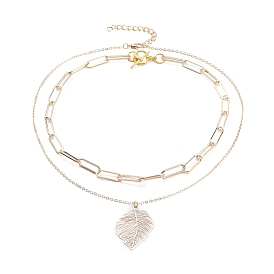 Pendant & Chain Necklaces Sets, with Brass Cable Chains & Links, Iron Paperclip Chains & Chain Extender, Alloy Lobster Claw Clasps & Toggle Clasps, Leaf