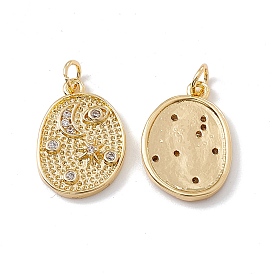 Brass Micro Pave Cubic Zirconia Pendants, with Jump Ring, Polygon with Moon Charm