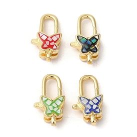 Brass Lobster Claw Clasps, with Enamel & Shell, Long-Lasting Plated, Lead Free & Cadmium Free, Real 18K Gold Plated, Butterfly