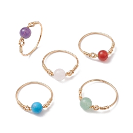 Круглые кольца на палец с бусинами из натуральных и синтетических драгоценных камней, женское кольцо из медной проволоки