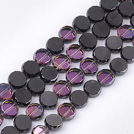 Electroplate Glass Beads Strands, Half Plated, Faceted, Flat Round