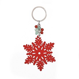 Dyed Poplar Wood Keychain, with Iron Keychain Findings, Natural Green Aventurine and Carnelian Beads, Snowflake