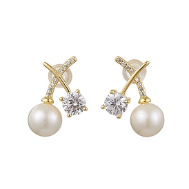 Natural Pearl Ear Studs, with Sterling Silver Micro Pave Clear Cubic Zirconia Findings, Cherry