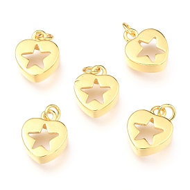 Brass Charms, Long-Lasting Plated, with Jump Ring, Heart with Star