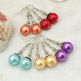 Trendy Tibetan Style Ball Dangle Earrings, with Glass Pearl Beads and Brass Earring Hooks, 42mm