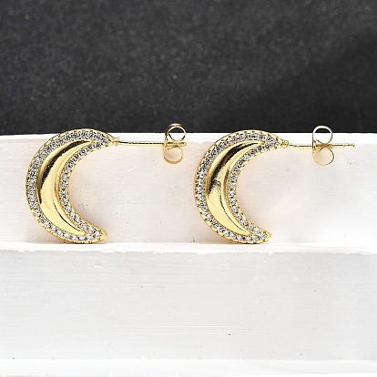 Женские серьги-гвоздики из латуни с микропаве и прозрачным кубическим цирконием, луна