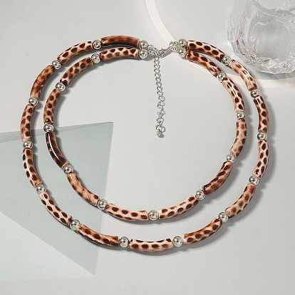 Пластиковые и смоляные изогнутые трубчатые двухслойные ожерелья с принтом под леопардовую кожу для женщин, платина