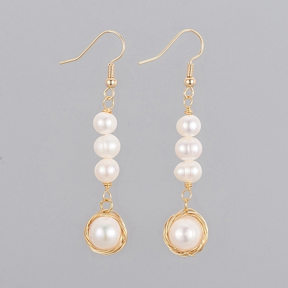 Dangle Earrings, with Natural Cultured Freshwater Pearl Beads and Brass Earring Hooks, Cardboard Box