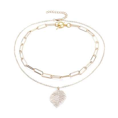 Pendant & Chain Necklaces Sets, with Brass Cable Chains & Links, Iron Paperclip Chains & Chain Extender, Alloy Lobster Claw Clasps & Toggle Clasps, Leaf