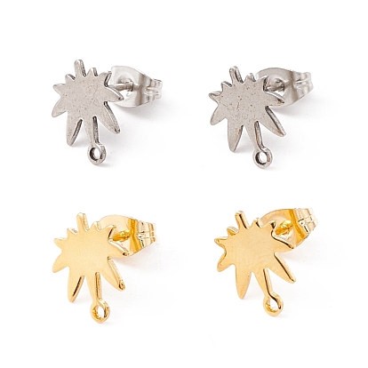201 Stainless Steel Stud Earring Findings, with 304 Stainless Steel Pins, Horizontal Loops and Ear Nuts, Maple Leaf