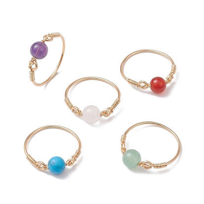 Круглые кольца на палец с бусинами из натуральных и синтетических драгоценных камней, женское кольцо из медной проволоки