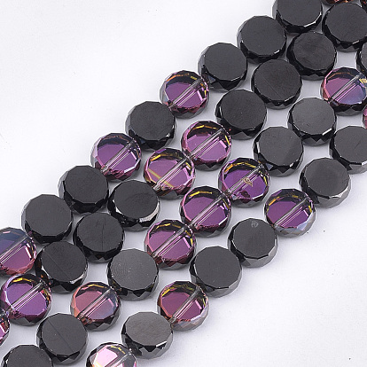 Electroplate Glass Beads Strands, Half Plated, Faceted, Flat Round