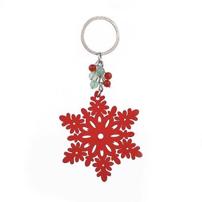 Dyed Poplar Wood Keychain, with Iron Keychain Findings, Natural Green Aventurine and Carnelian Beads, Snowflake