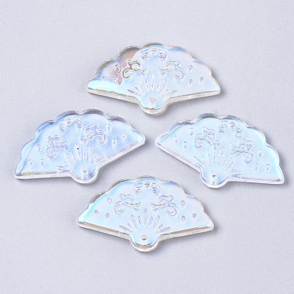 Transparent Spray Painted Glass Pendants, AB Color Plated, Fan