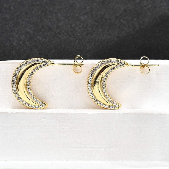 Женские серьги-гвоздики из латуни с микропаве и прозрачным кубическим цирконием, луна