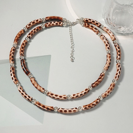Пластиковые и смоляные изогнутые трубчатые двухслойные ожерелья с принтом под леопардовую кожу для женщин, платина