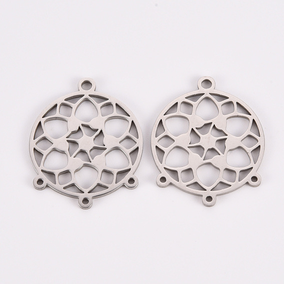 304 Stainless Steel Chandelier Component Links, Laser Cut, Flat Round with Flower