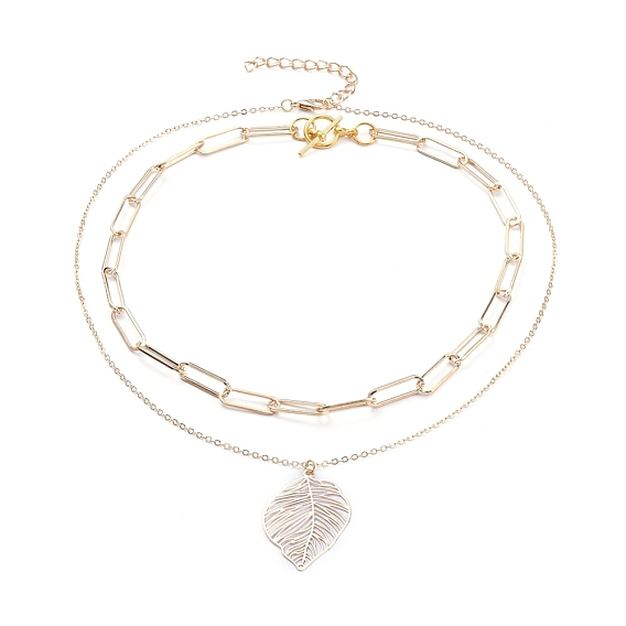 Pendant & Chain Necklaces Sets, with Brass Cable Chains & Links, Iron Paperclip Chains & Chain Extender, Alloy Lobster Claw Clasps & Toggle Clasps, Leaf