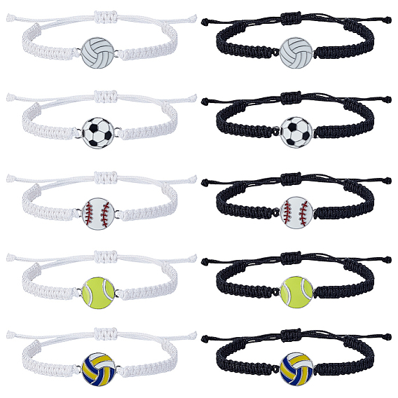 10шт. 10 стили браслетов из сплава со звеньями в виде спортивных мячей, регулируемые полиэстеровые браслеты