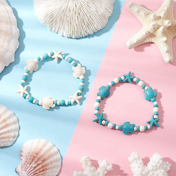 2шт. браслеты из синтетических бирюзовых бусин в виде морских звезд и черепах для женщин