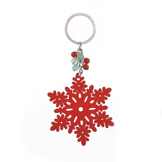 Porte-clés en bois de peuplier teint, avec des découvertes de porte-clés en fer, perles d'aventurine verte et de cornaline, flocon de neige