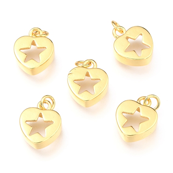 Brass Charms, Long-Lasting Plated, with Jump Ring, Heart with Star