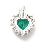 Brass Micro Pave Clear Cubic Zirconia Pendants, with Green Glass, Heart Charm