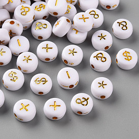 Plating White Acrylic Beads, Flat Round with English Character
