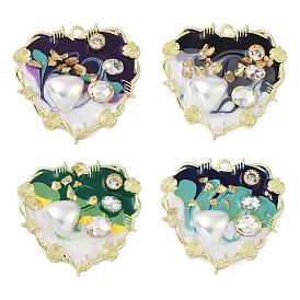 Rack Plating Alloy Enamel Pendants, with Resin, ABS Imitation Pearl Beads, Rhinestone and Glass Beads, Cadmium Free & Nickel Free & Lead Free, Heart