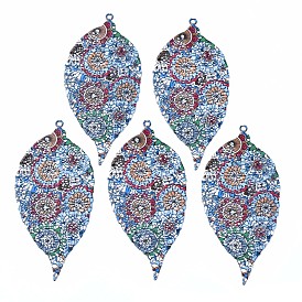 430 Stainless Steel Big Pendants, Spray Painted, Etched Metal Embellishments, with Flower Pattern, Leaf