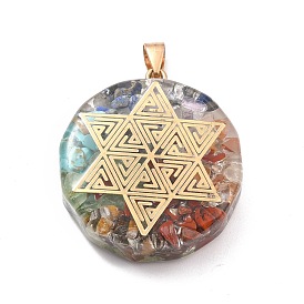 Transparent Resin Pendants, with Chip Gemstone Beads and Alloy Findings, Flat Round
