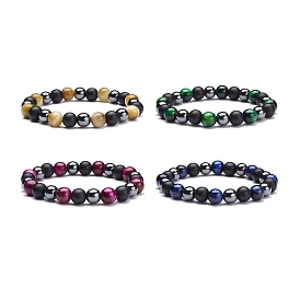 Round Stone Beads Stretch Bracelets Set, Natural Tiger Eye & Synthetic Black Stone & Hematite Beads Stackable Bracelets for Women