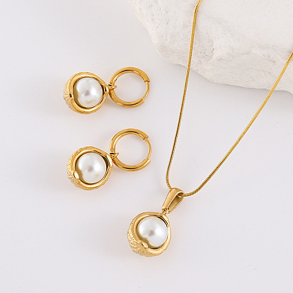 Круглые 304 серьги-кольца из нержавеющей стали и комплекты ожерелий с подвесками, с жемчугом из раковины 