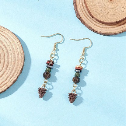 Серьги-подвески в виде шишек из сплава с эмалью, с бусинами из синтетического гематита, натурального бронзита, натурального южнокитайского нефрита, натуральной картинной яшмы и натуральной красной яшмы