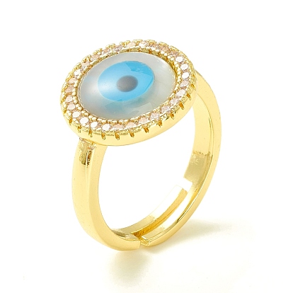 Clear Cubic Zirconia Flat Round with Evil Eye Adjustable Ring, Real 18K Gold Plated Brass Ring for Women, Cadmium Free & Lead Free