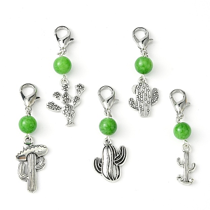 Alloy Cactus Pendant Decoration, with Natural Mashan Jade Beads and Zinc Alloy Lobster Claw Clasps
