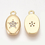 Brass Charms, Nickel Free, Real 18K Gold Plated, with Cubic Zirconia, Oval with Flower, Clear