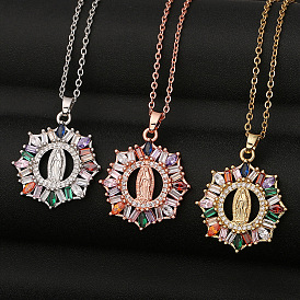 Colorful Zirconia Virgin Mary Pendant Hip Hop Necklace Fashion Religious Jewelry