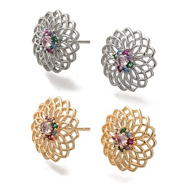 Brass Micro Pave Cubic Zirconia Stud Earrings for Women, Flower