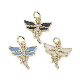 Brass Micro Pave Cubic Zirconia Pendants, with Enamel and Jump Ring, Dragonfly Charms
