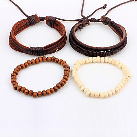 Регулируемый плетеный кожаный шнур деревянные бисерные многожильных браслеты, штабелируемые браслеты, 4 нитей / SET, 60 мм, 180~200 мм
