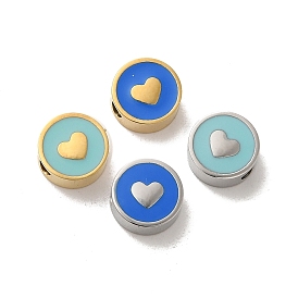 304 Stainless Steel Enamel Beads, Flat Round with Heart