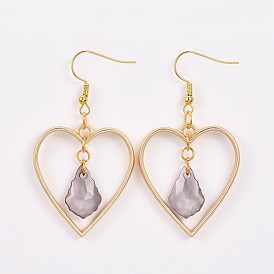 Teardrop Transparent Acrylic Dangle Earrings, with Matte Alloy Heart Pendants and Brass Earring Hooks, Golden