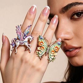 Adjustable Zinc Alloy Enamel Cuff Open Rings, Animals, Statement Wide Band Rings, Golden