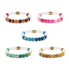 Natural Gemstone Beaded Stretch Bracelet with Alloy Column for Women
