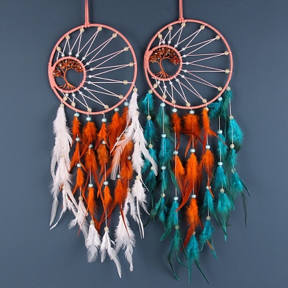 Luminous Iron Woven Web/Net with Feather Pendant Decorations, with Glow in the Dark Beads