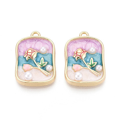 Подвески из эмали, АБС-пластика и искусственного жемчуга с гальваническим покрытием., прямоугольник с цветочными подвесками, без кадмия, без никеля и без свинца, золотые