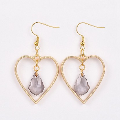 Teardrop Transparent Acrylic Dangle Earrings, with Matte Alloy Heart Pendants and Brass Earring Hooks, Golden